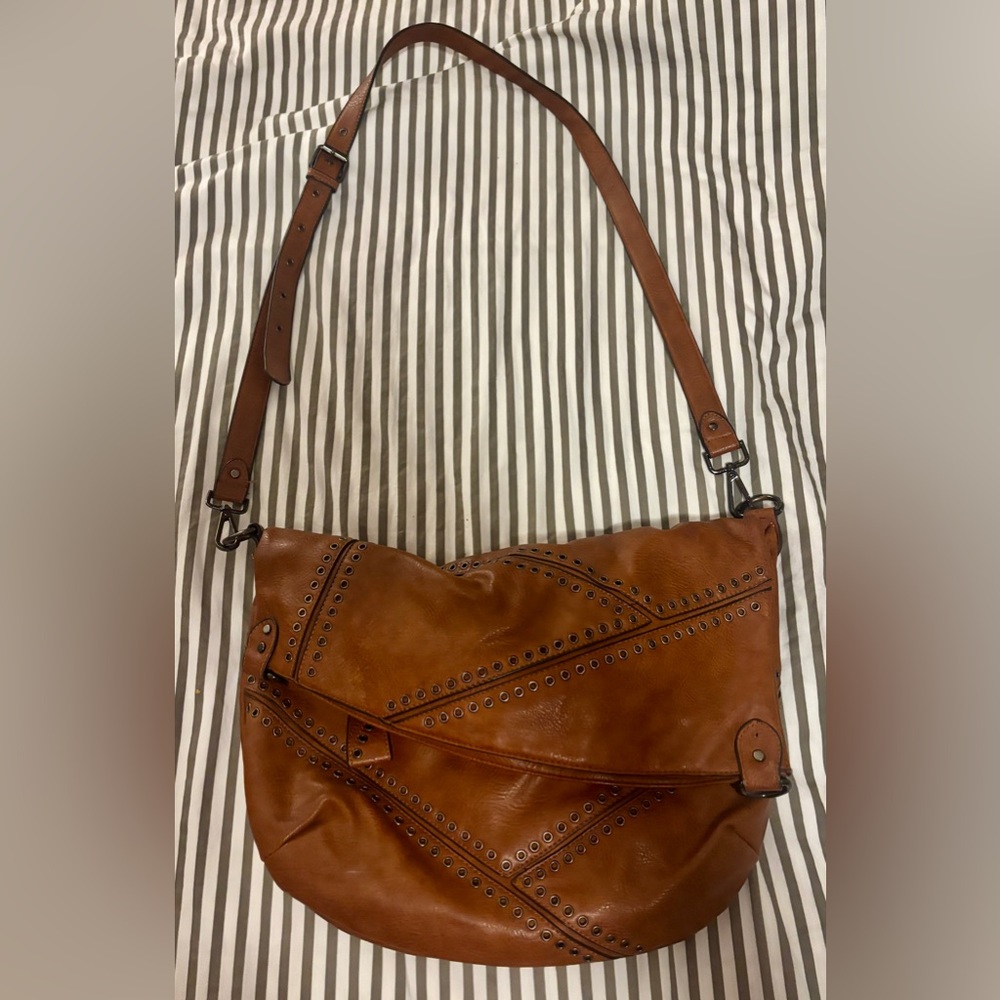 Women's Brown Foldover Studded Leather Crossbody Bag